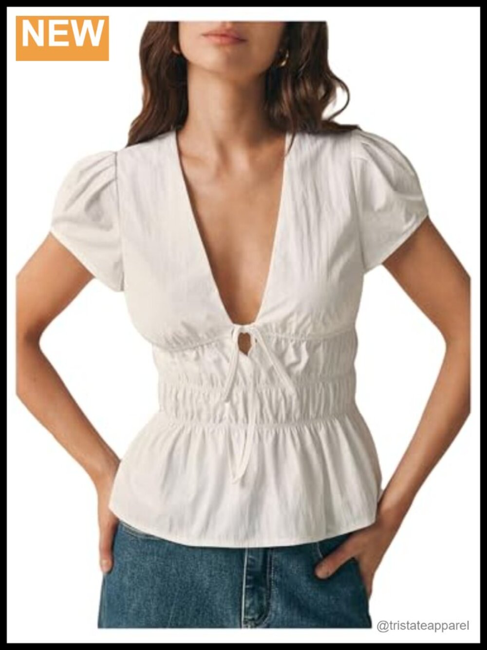 Peplum Puff Sleeve Babydoll Tie Front Deep V Neck Blouse